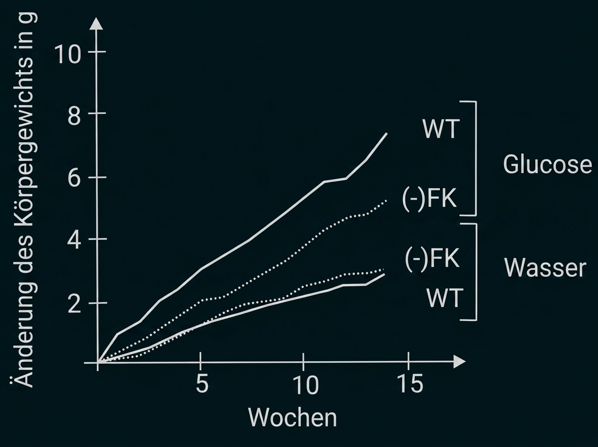 Diagramm: Gewichtszunahme (g) über 16 Wochen, Linien für WT und (-)FK unter Glucose und Wasser.